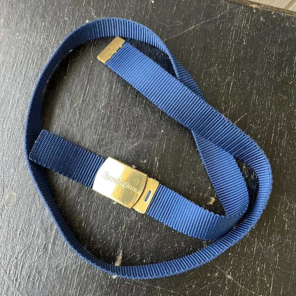 Vintage 90s Remington Brass Buckle Nylon Belt Navy Blue Adjustable 46